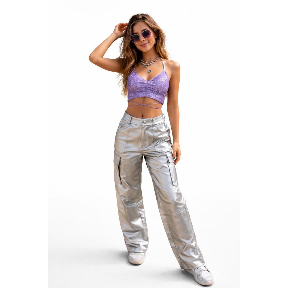 Grey Lab Metallic Silver Cargo Pants Womens Small Wide Leg Faux Leather Y2K NEW